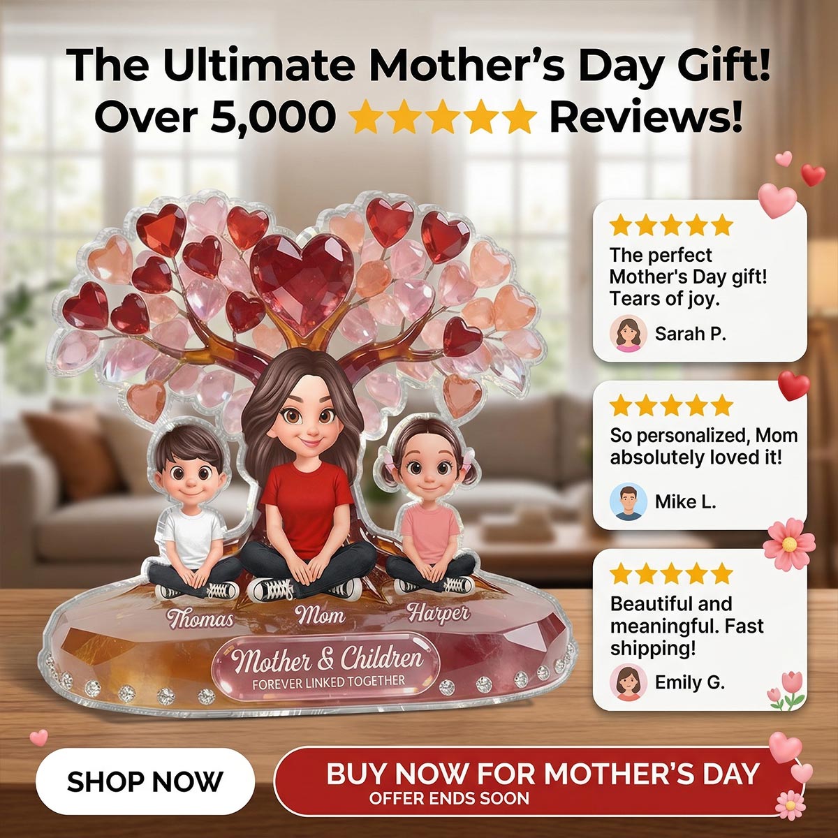 Mom And Son Daughter Under Heart Tree Forever Linked Together - Personalized Acrylic Block Plaque - Gift For Mom