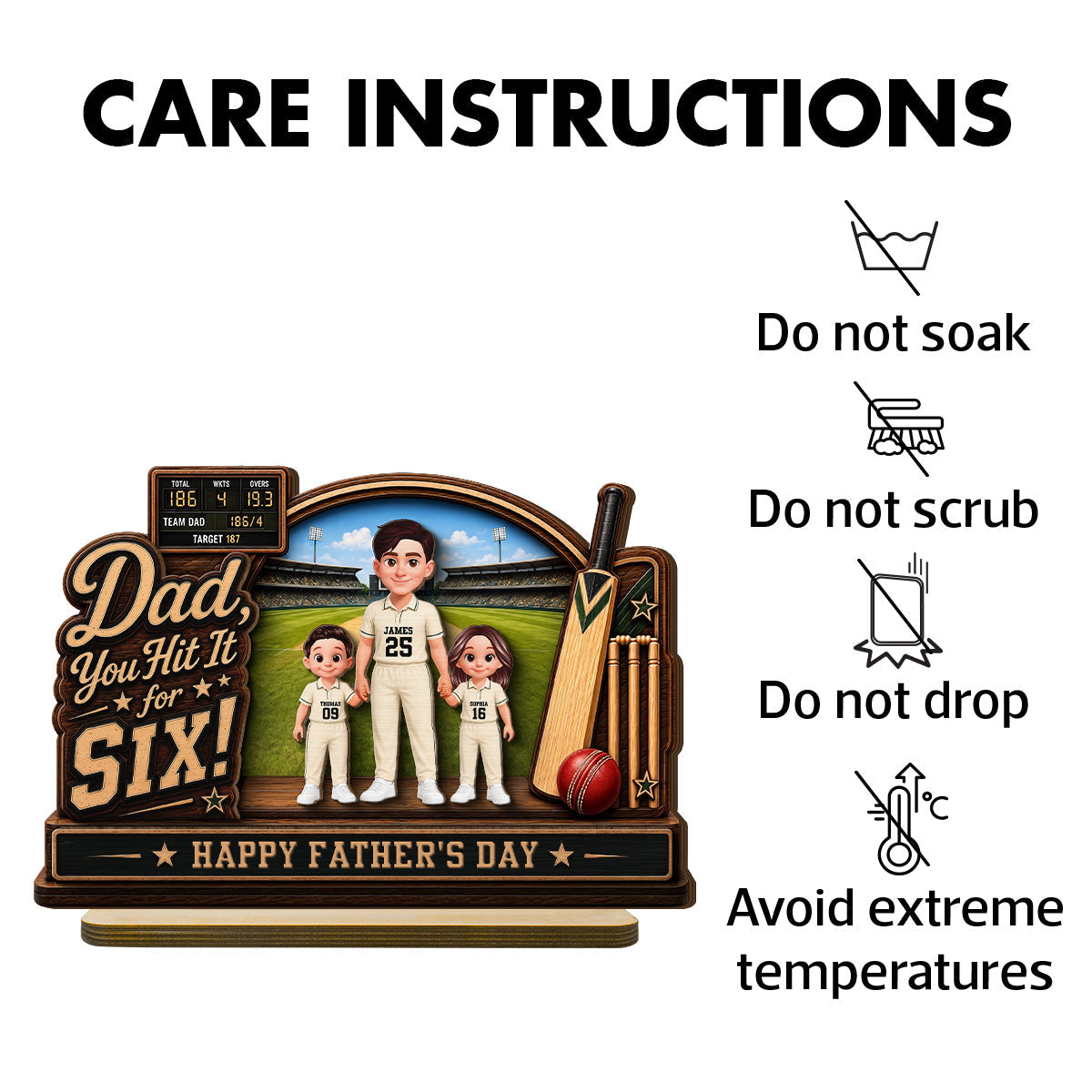 Hit A Six With The Best Dad Cricket Dad & Kids On Court - Personalised 2-Layered Wooden Plaque - Gift For Husband, Dad