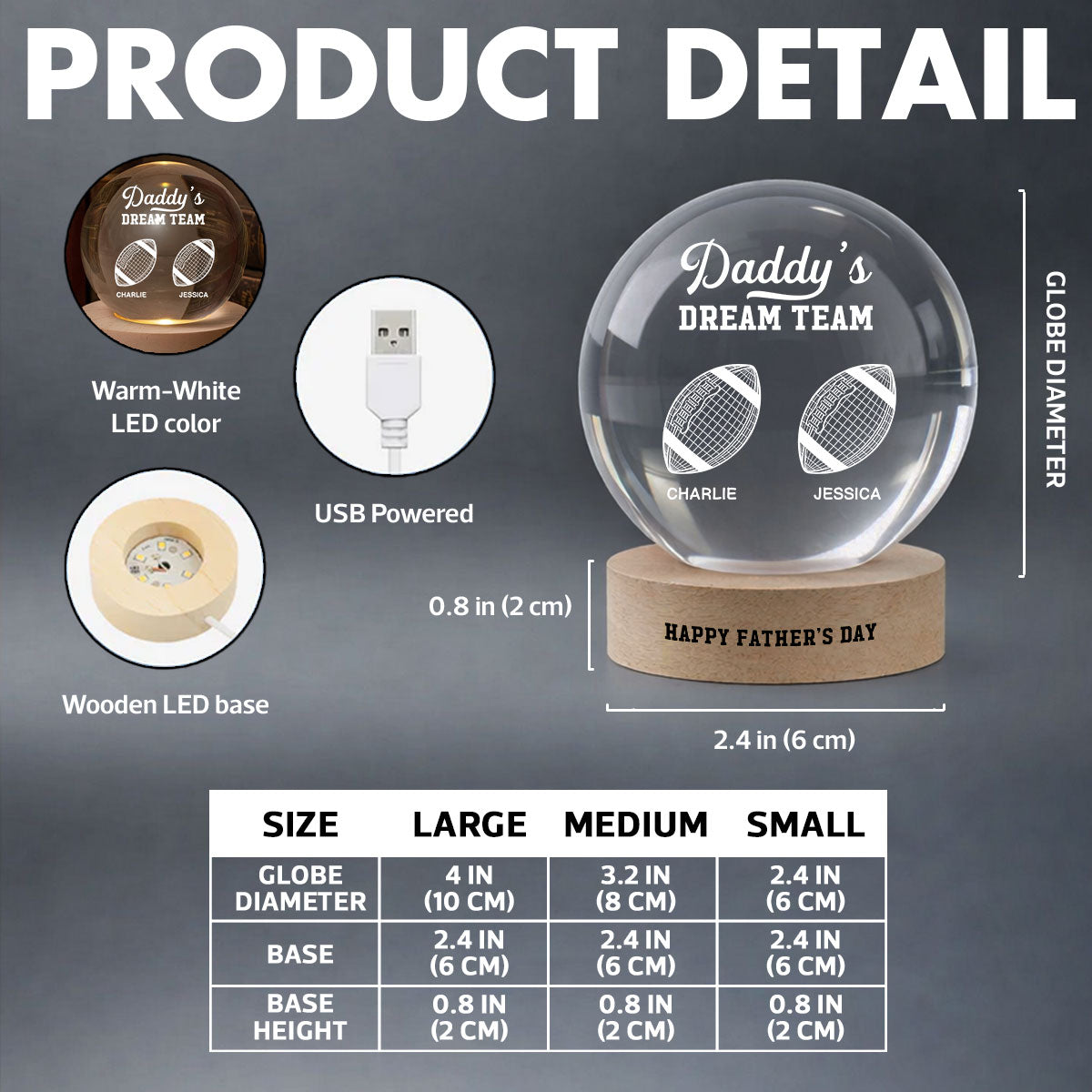 American Football Daddy's Dream Team Illusion Style - Personalized Crystal Ball LED Night Light - Gift For Dad, Husband