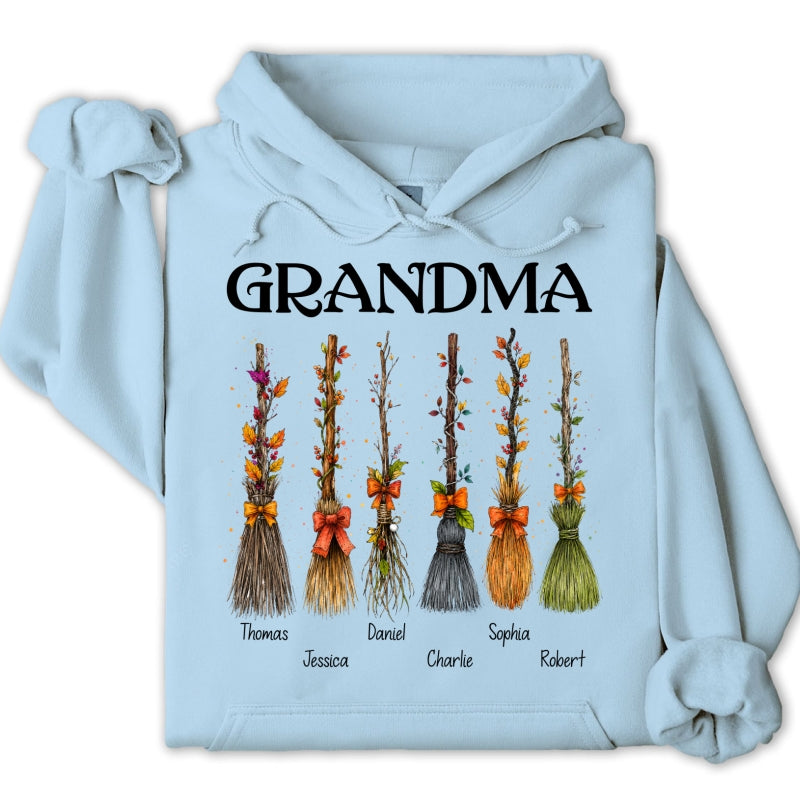Grandma Witch Beautiful Broomsticks Custom Grandkids Names - Personalized Shirt - Halloween Gift For Grandma