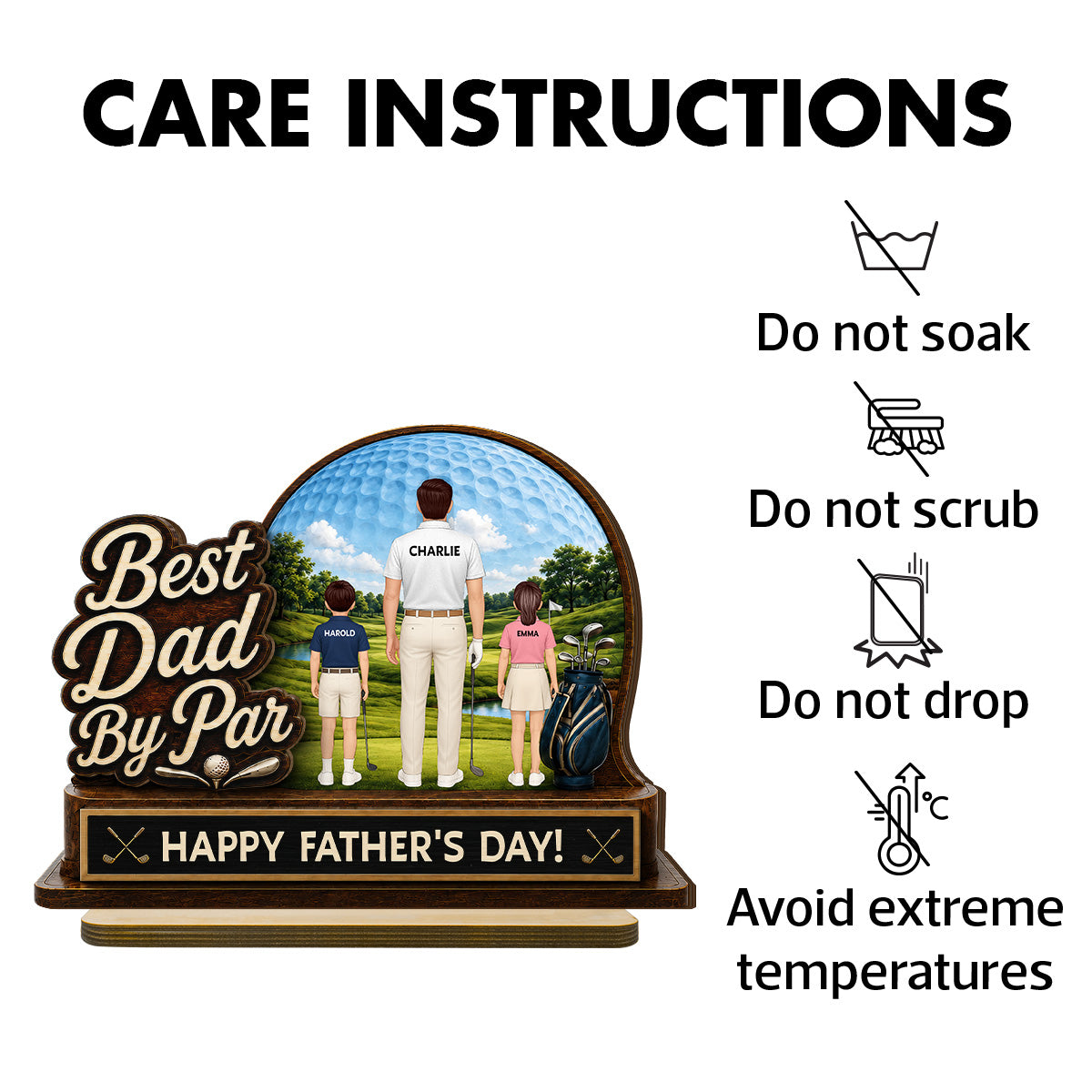 Best Dad By Par Custom Man & Kids Back View - Personalized 2-Layered Wooden Plaque - Gift For Golf Dad