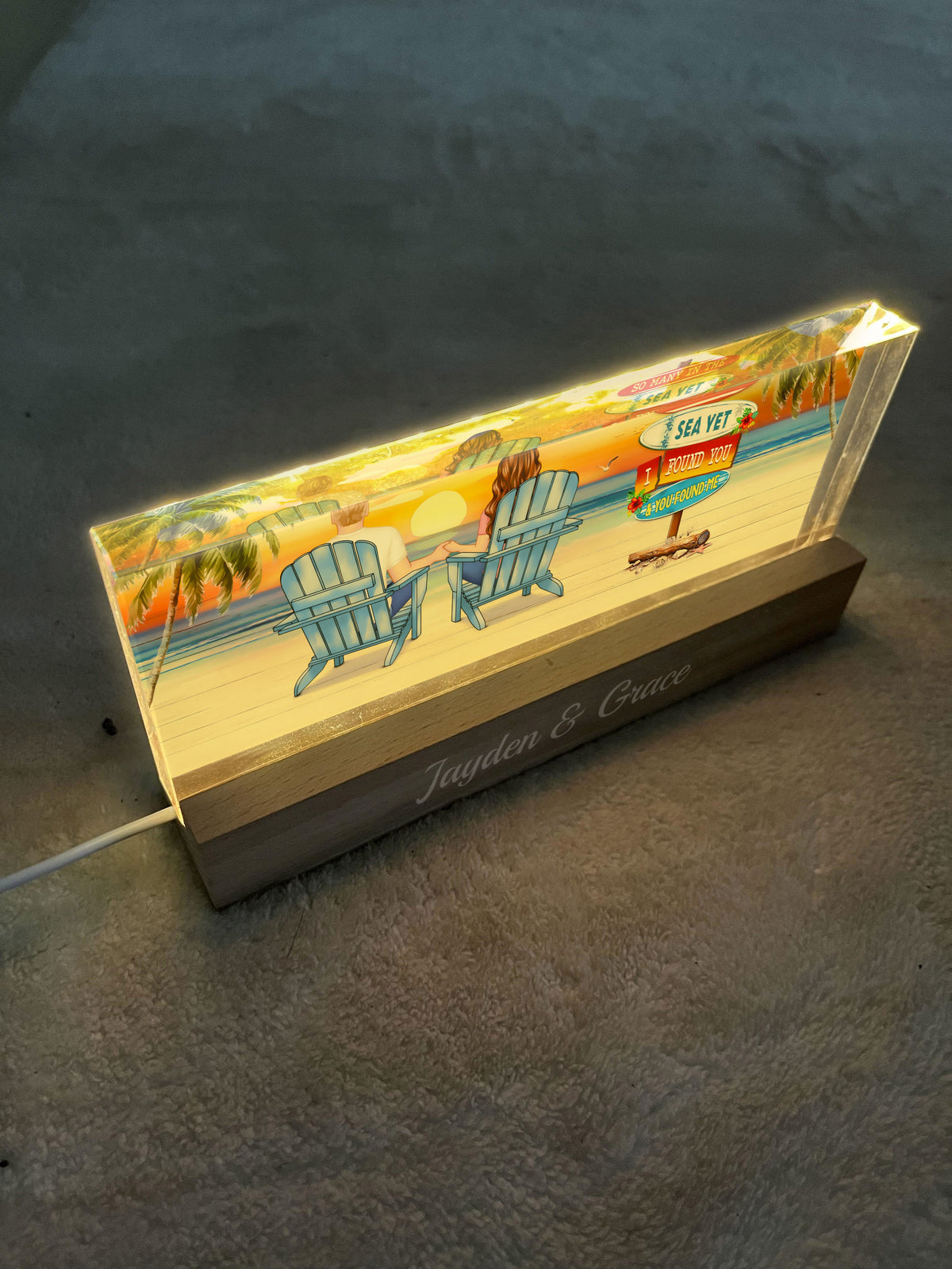 Summer Couple Sitting Be Happy Personalized Acrylic Block LED Night Light, Anniversary Gift For Him, Gift For Her, For Husband, For Wife