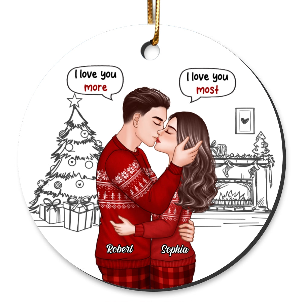 Christmas Outline Romantic Doll Couple Kissing I Love You More Most Personalized Circle Ornament