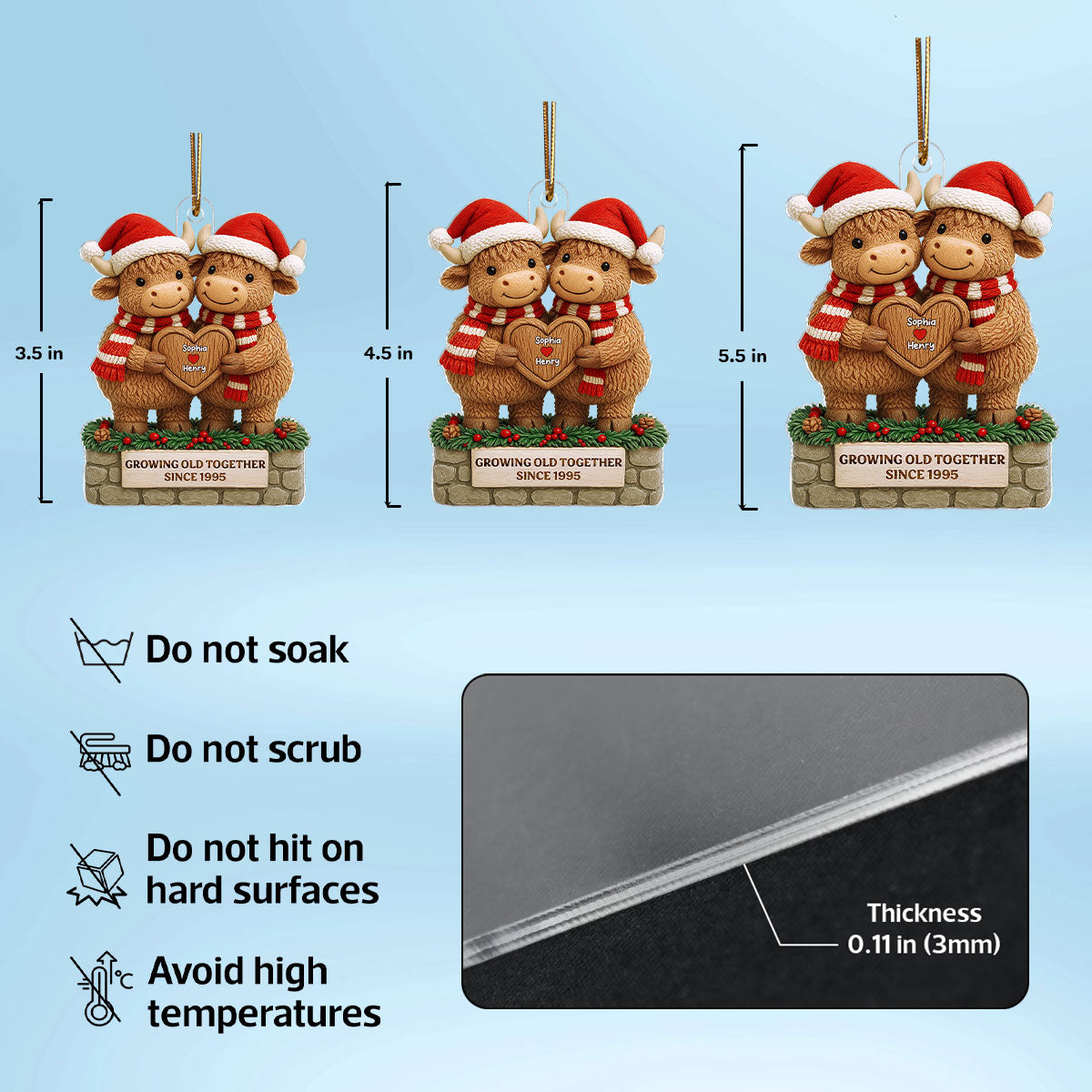 3D Effect Christmas Highland Cows Couple Growing Old Together - Personalized Acrylic Ornament - Gift For Couple