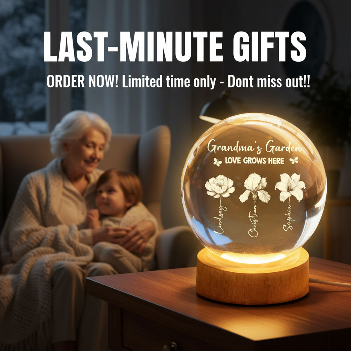 Grandma's Garden 3D Effect Birth Month Flowers - Personalized Crystal Ball LED Night Light