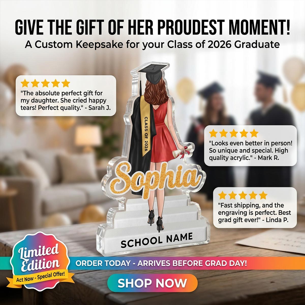 Senior Graduate Standing With Name Class Of 2026 2027 2D Flat - Personalized Acrylic Block Plaque - Graduation Gift For Graduates, Daughter, Son