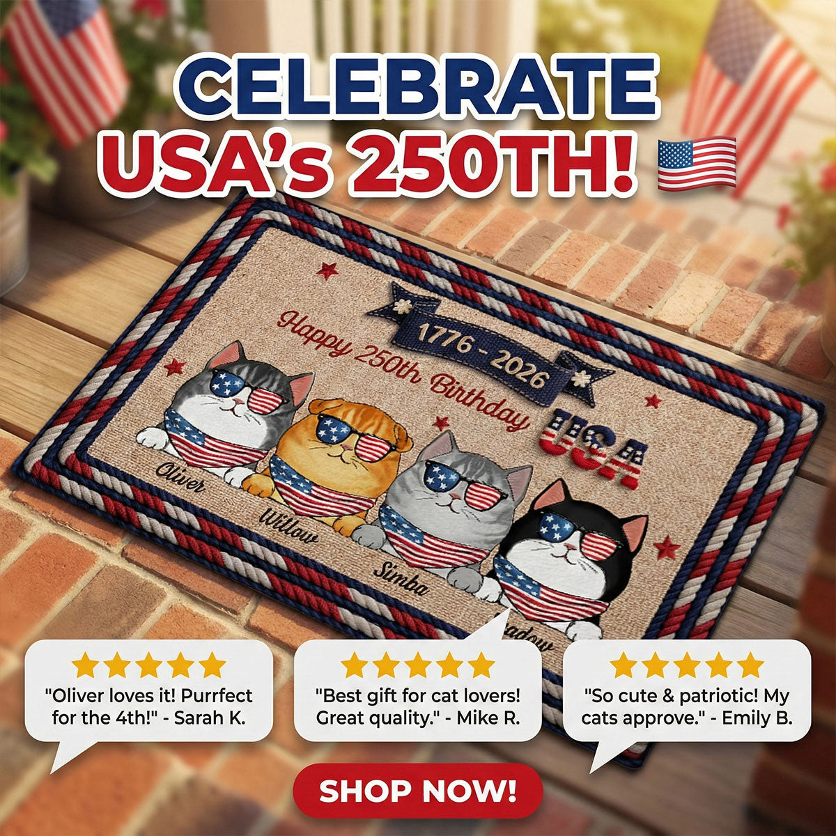 USA 250th Birthday Patriotic Flag Cat Faux Yarn Pattern - Personalized Doormat - Gift For Cat Lovers