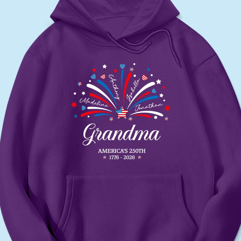 Grandma Fireworks Custom Kid Name - Personalized Shirt - American 250th Anniversary Keepsake For Grandma, Wife