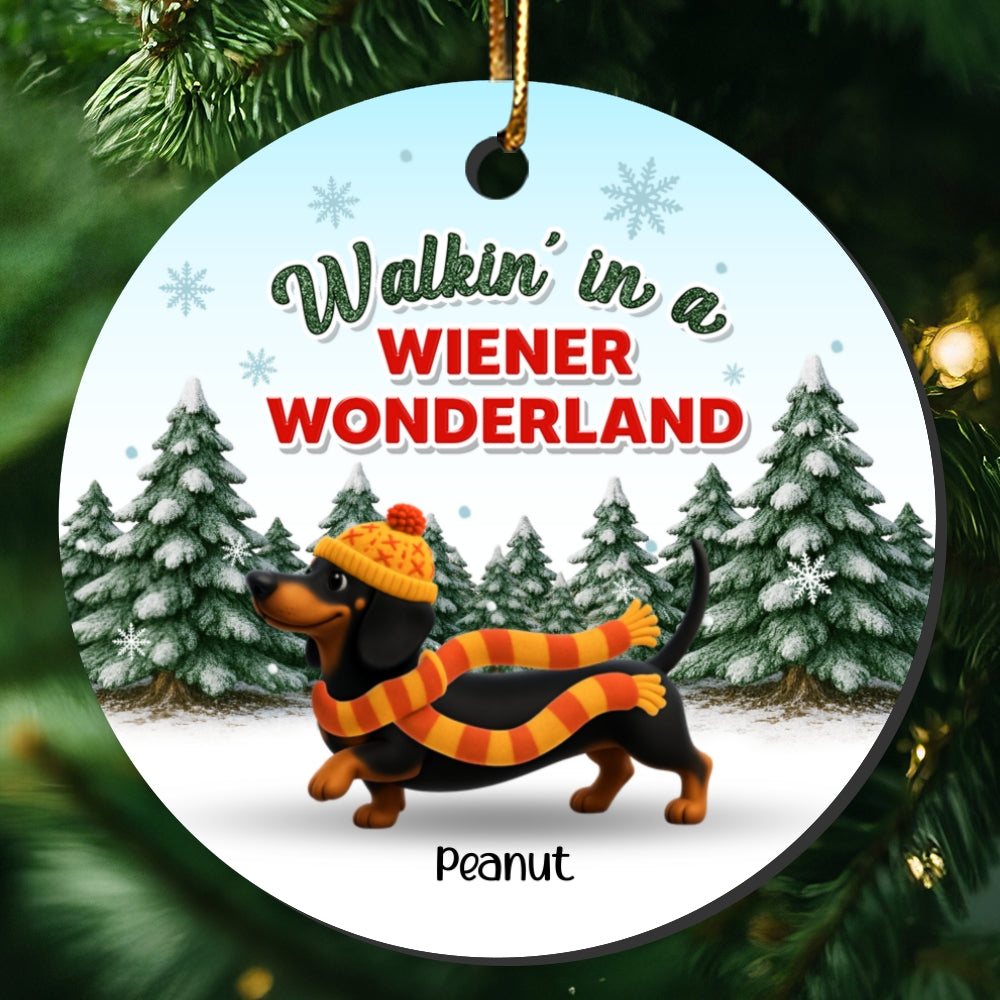 Christmas Dachshunds Walking In A Wiener Wonderland - Personalized Ceramic Ornament - Gift For Dachshund Lovers
