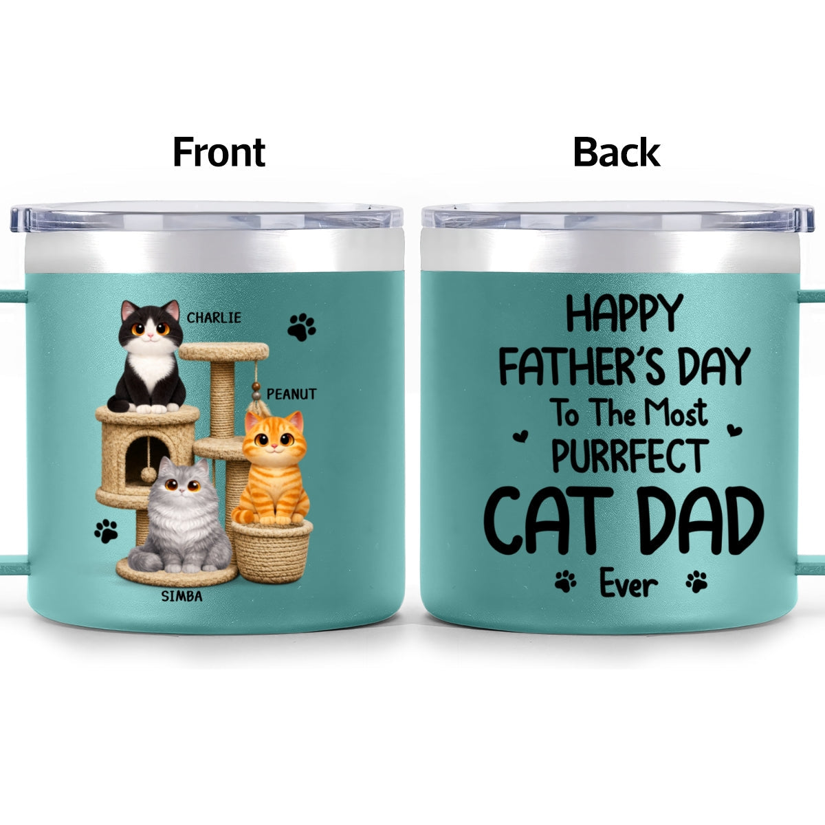 Happy Father's Day To The Most Purrfect Cat Dad Cute Cats On Cat Tree - Personalized Stainless Steel Tumbler With Handle - Father's Day Gift For Cat Dad