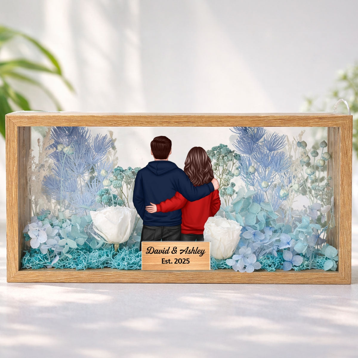 Eternal Love Back View Couple - Personalized DIY Flower Shadow Box LED Night Light - Gift For Couple, For Him, For Her