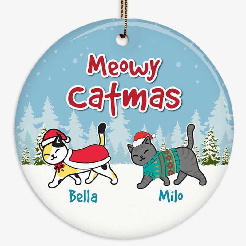 Cat Christmas Walking In The Snow Personalized Circle Ornament