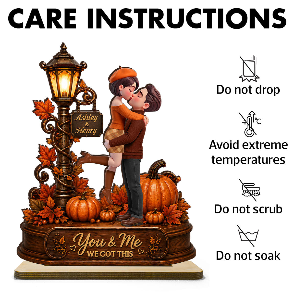 Couple Hugging Under Lamp Post Fall Season - Personalized 2-Layered Wooden Plaque - Heartfelt Gift for Her, for Him