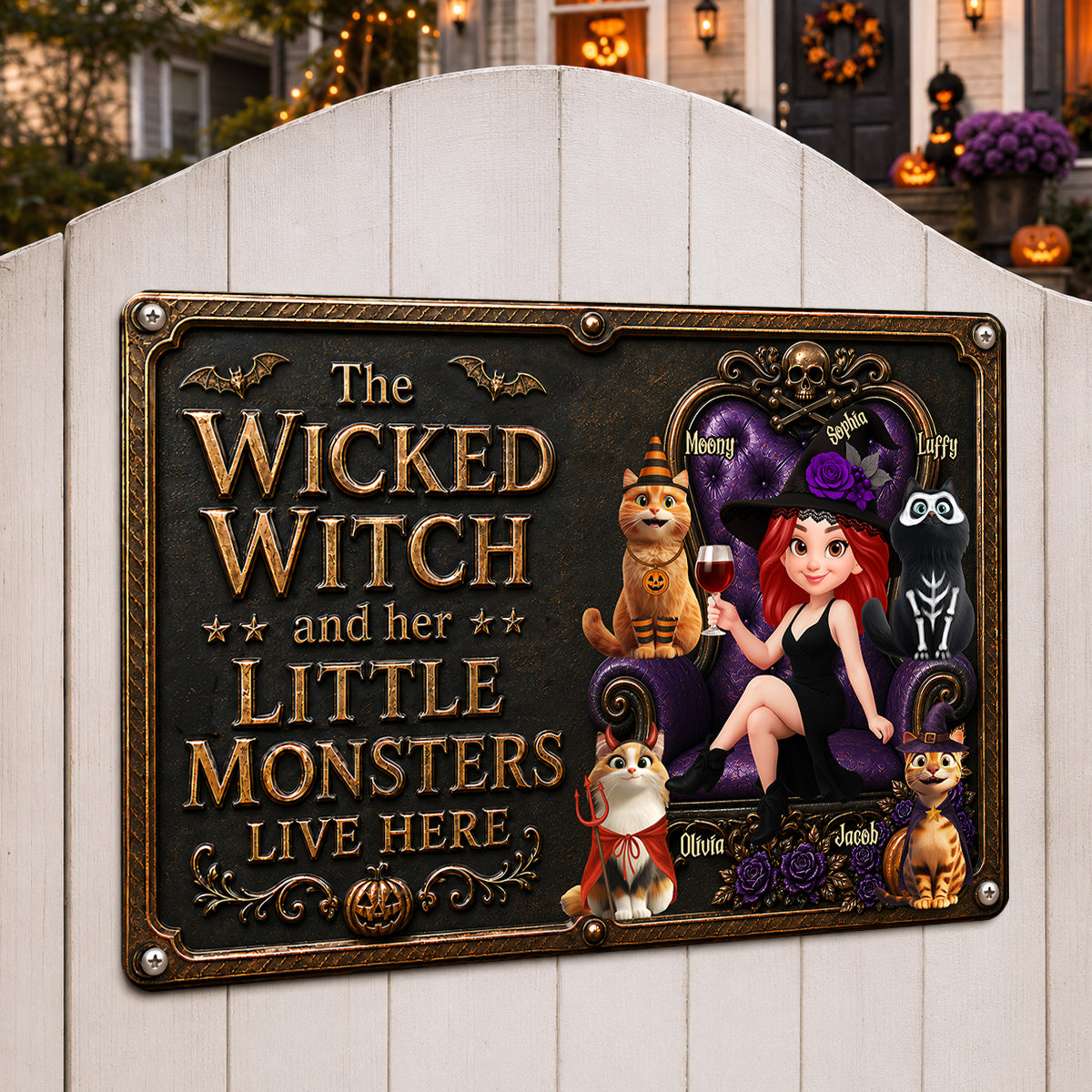 The Wicked Witch And Her Monster Cats Live Here - Personalized Metal Sign - Halloween Decor for Cat Moms