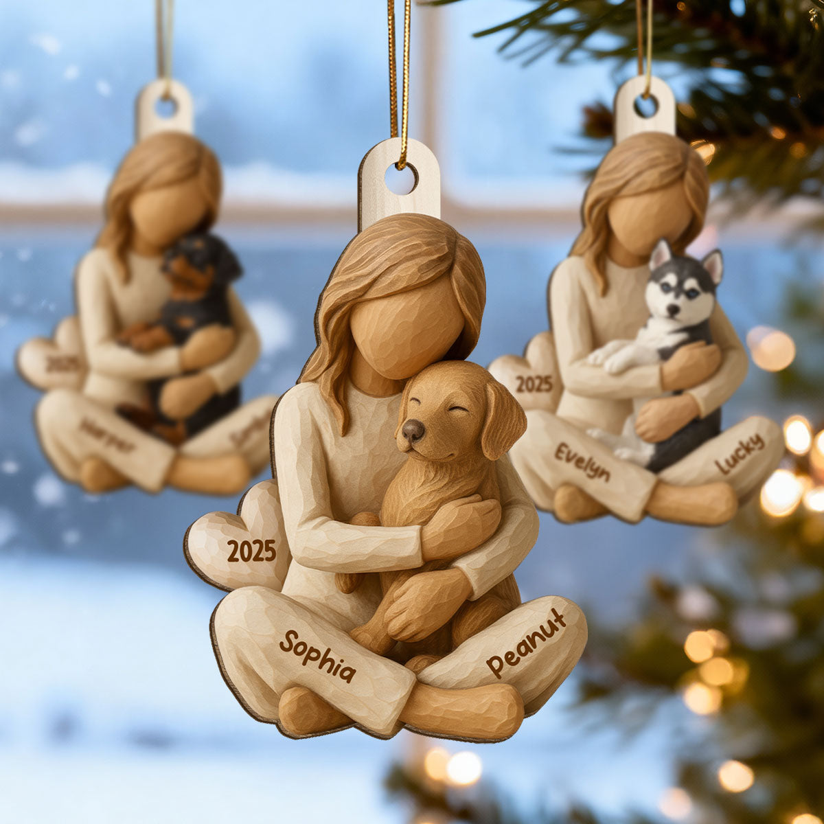 3D Effect Girl & Her Dog - Personalized Wooden Ornament - Gift For Dog Lover