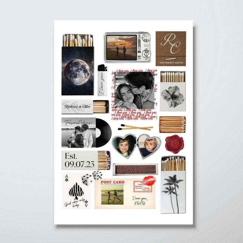 Nostalgia Couple Love Story Matchbook Collage Dopamine Decor - Personalized Poster - Heartfelt Valentine, Anniversary Gift For Him, For Her