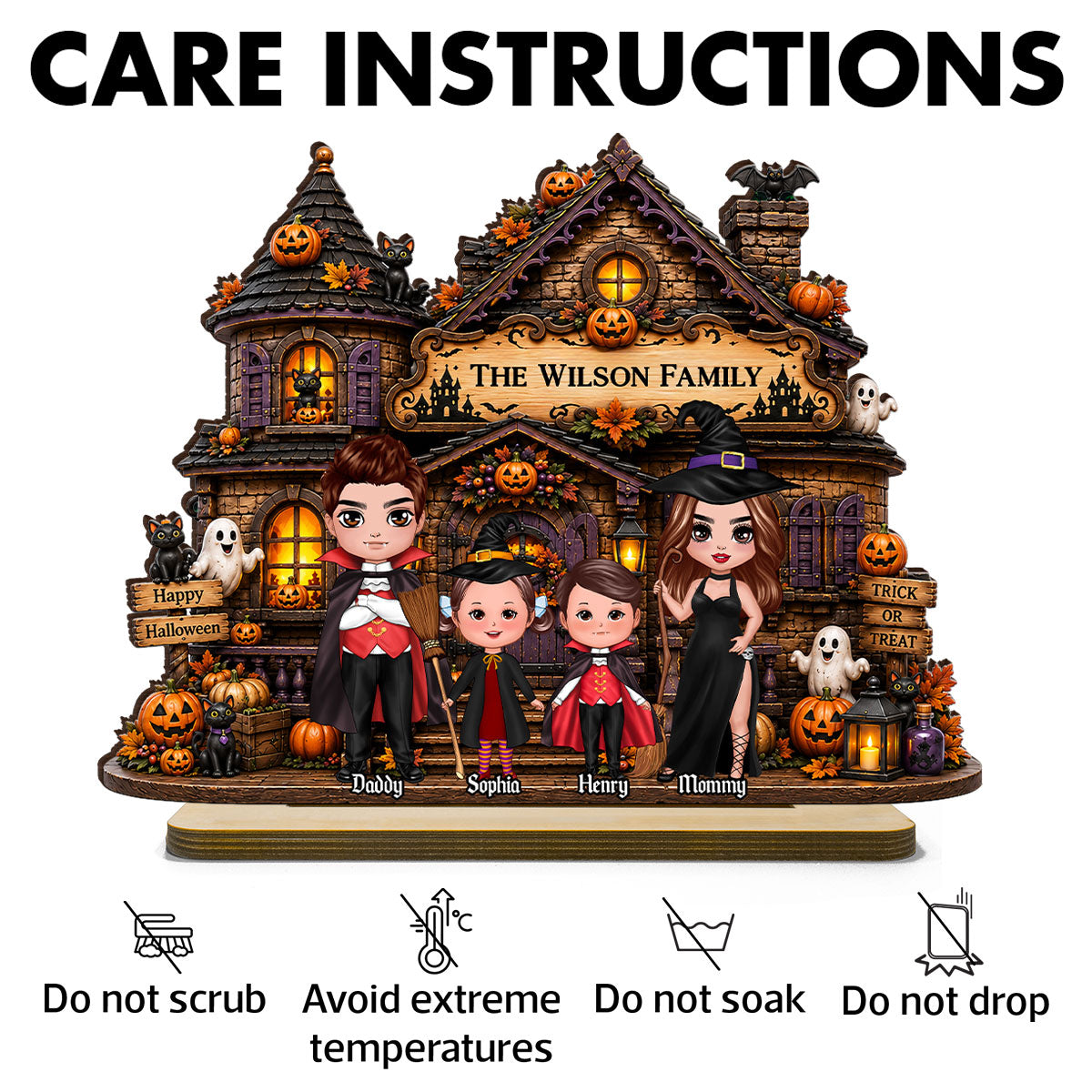 Family Haunted House Trick or Treat - Personalized 2-Layered Wooden Plaque - Halloween Gothic Home Sign