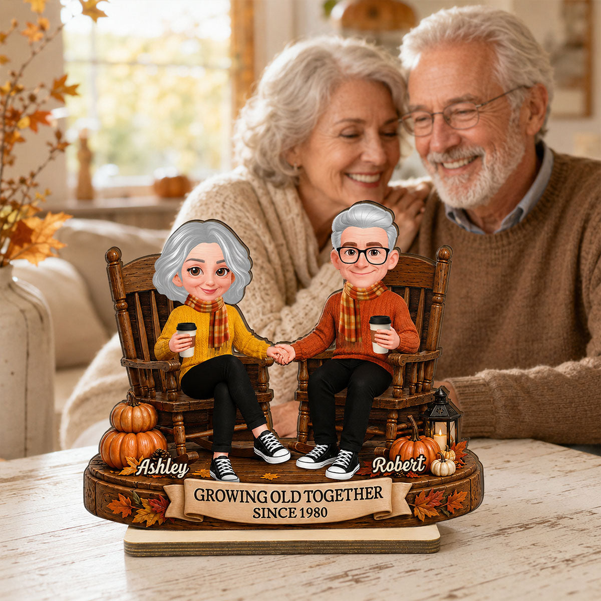 Fall Season Couple Growing Old Together - Personalized 2-Layered Wooden Plaque - Fall Decor For Couple