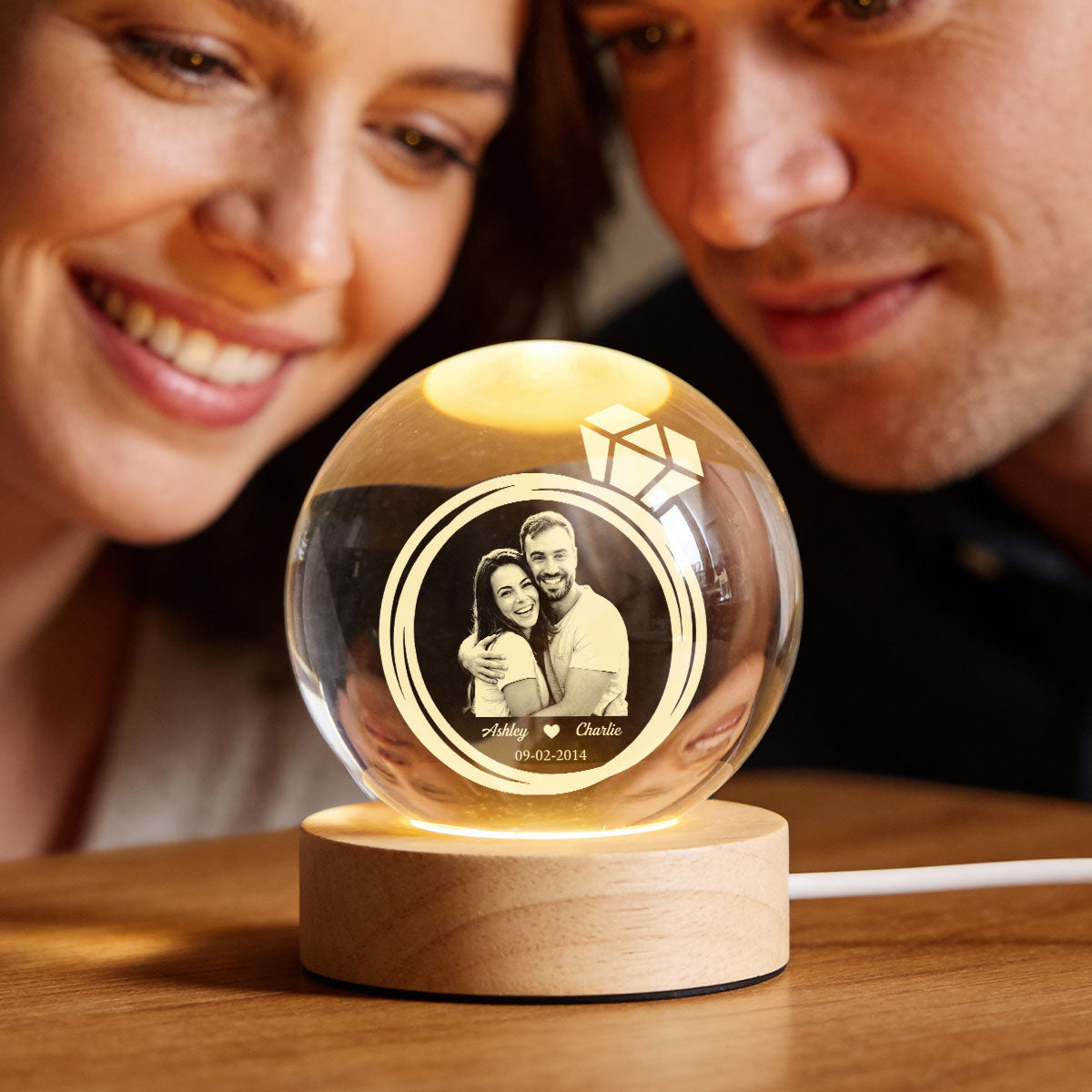 Eternal Love Custom Couple Photo Inside Ring - Personalized Crystal Ball LED Night Light - Valentine's Day Gift For Couple, For Her, For Him