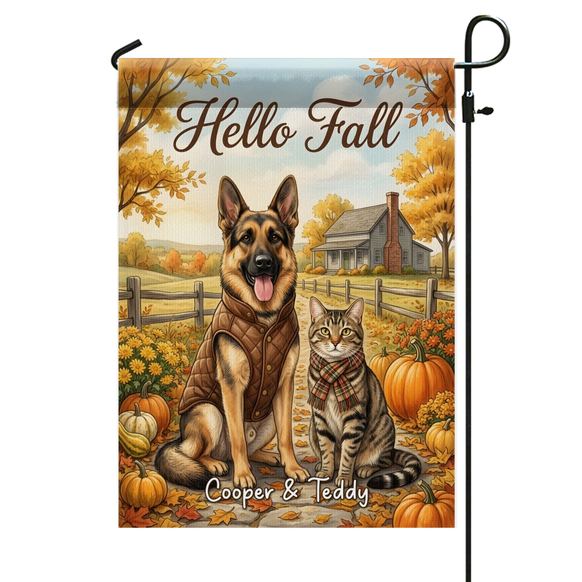 Vintage Dog Cat Hello Fall Photo Upload - Personalized Garden Flag - Fall Season Gift For Dog Mom, Cat Mom