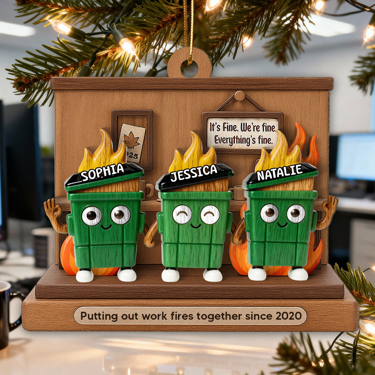 3D Effect Dumpster Fires In Office Scene - Personalized Wooden Ornament - Funny Gift For Colleagues, Work Besties