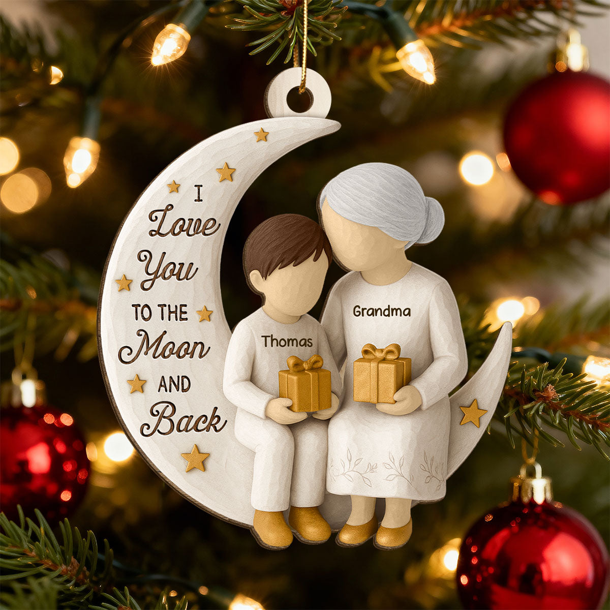 3D Effect Golden Star Grandma Grandkid On Moon - Personalized Wooden Ornament - Gift For Granddaughter, Grandson