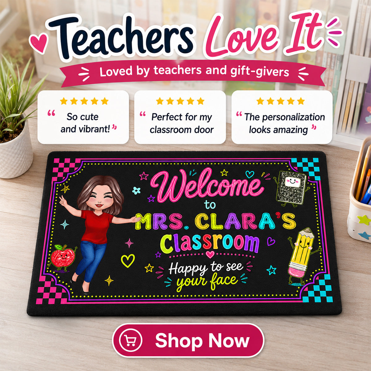 Happy To See Your Face Happy Teacher Preppy Neon Theme - Personalized Doormat - Classroom Students Welcome Decor