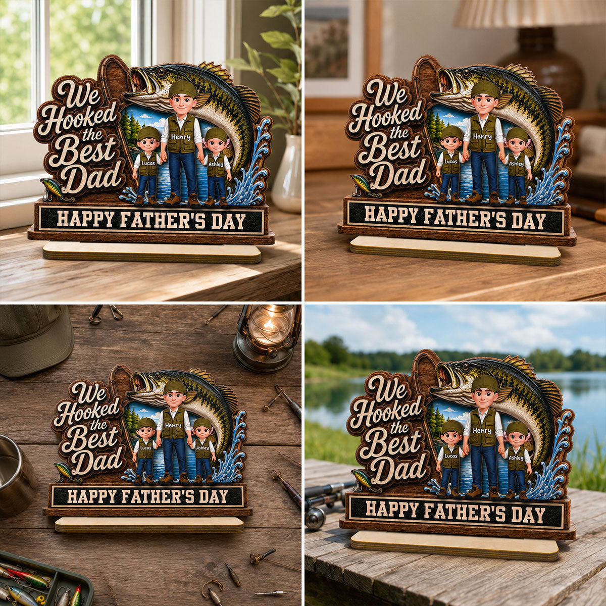 We Hooked The Best Dad Fishing Man & Kids 2D Flat - Personalized 2-Layered Wooden Plaque - Gift For Fishing Dad