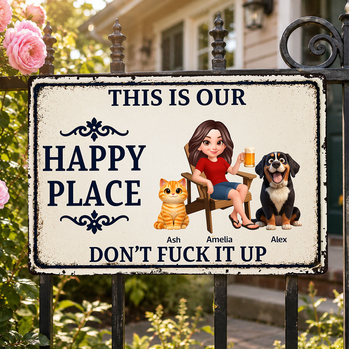 This Is My Happy Place With Dogs Cats - Personalized Metal Sign - Funny Sarcasm Decoration For Dog Lovers, Cat Lovers
