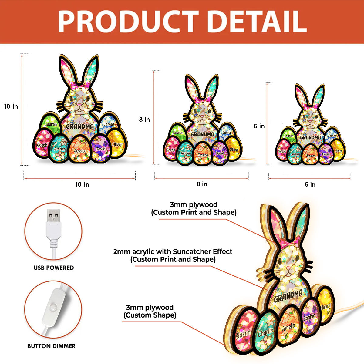 Bunny Grandma Easter Gift - Personalized Suncatcher Night Light - Easter Decor for Grandma