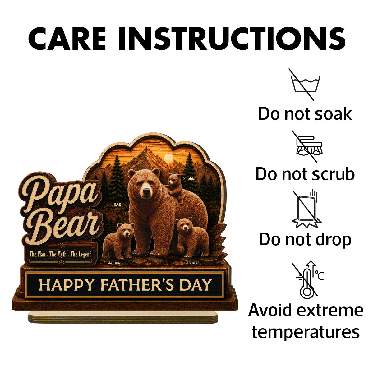 Papa Bear The Man The Myth The Legend 2D Flat - Personalized 2-Layered Wooden Plaque - Gift For Husband, Dad