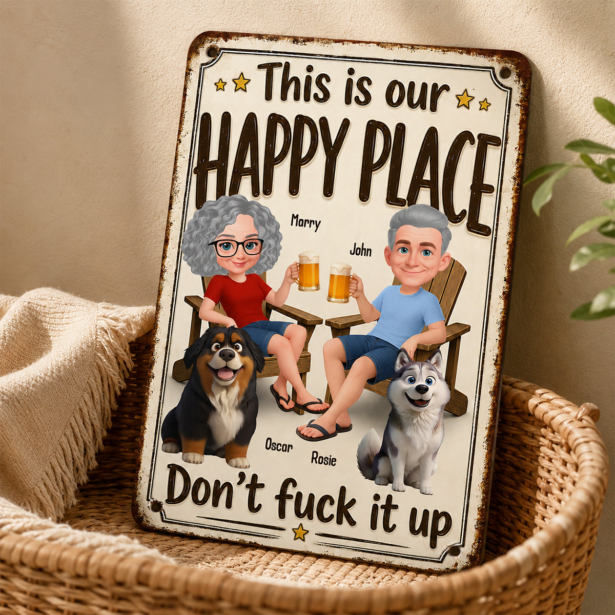 This is Our Happy Place Couple and Dogs - Personalized Metal Sign - Funny Vintage Sign for Couple