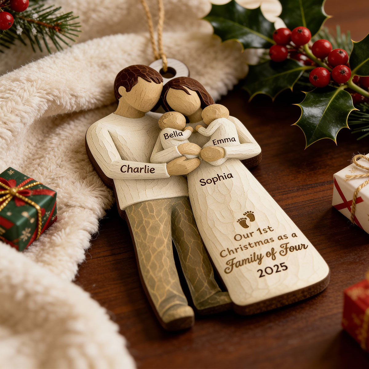3D Effect First Christmas As Family Of Four Mom Dad & Twin Babies - Personalized Wooden Ornament