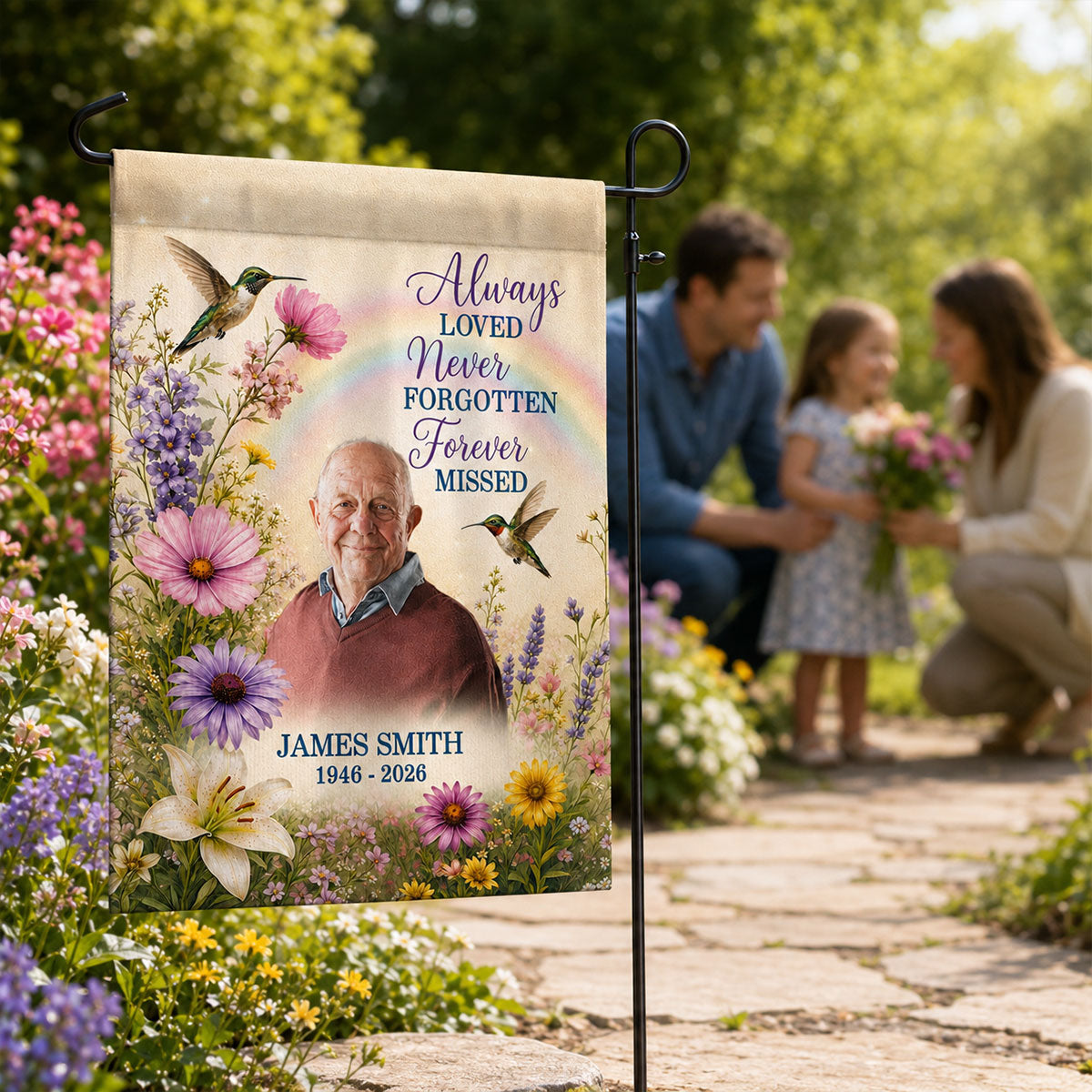 Always Loved Hummingbird Memorial - Personalized Garden Flag - Memorial Sympathy Gift Remembrance Keepsake Photo Inserted