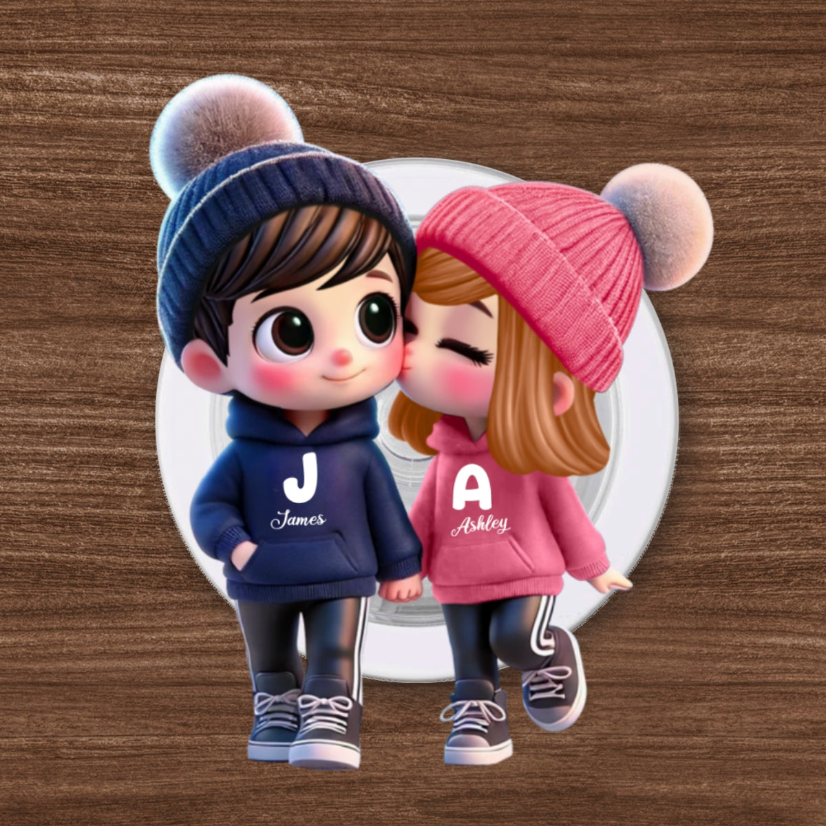 3D Effect Cute Cartoon Couple Walking - Personalized Acrylic Magnetic Phone Grip - Matching Phone Grips for Couples