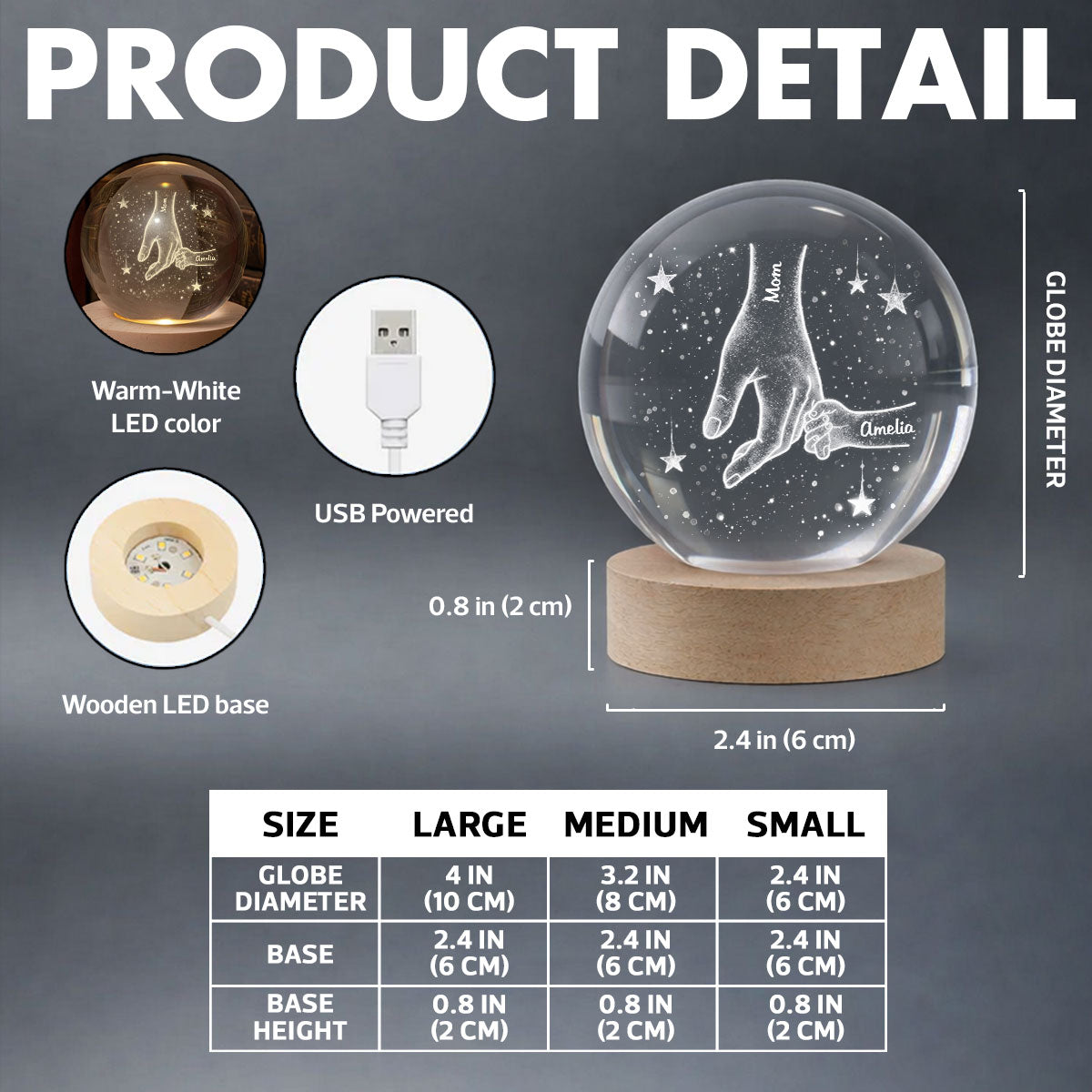 Mom Grandma Kids Holding Hands - Personalized Crystal Ball LED Night Light - Sentimental Mother's Day Gift for Mom, Grandma, Wife