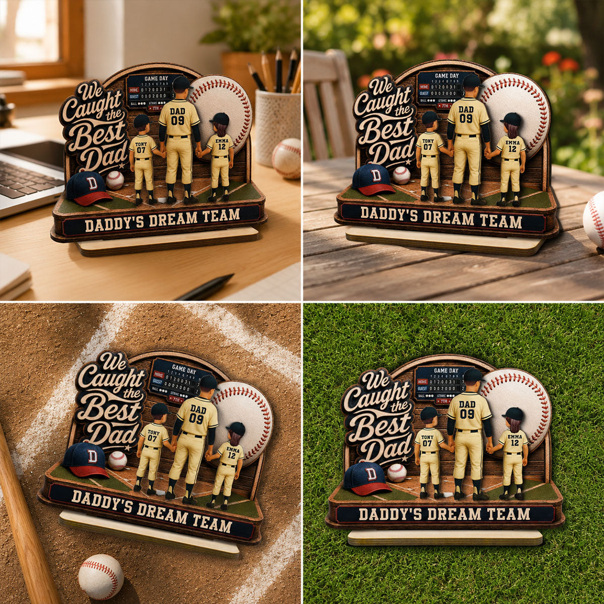 Baseball Things Dad & Kids Back View Standing 2D Flat - Personalized 2-Layered Wooden Plaque - Happy For Baseball Dad