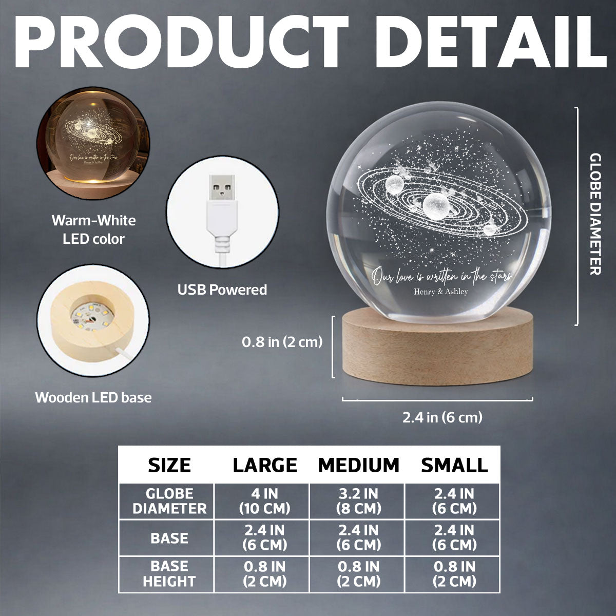 Our Love is Written in the Stars Universe Solar System - Personalized Crystal Ball LED Night Light - Heartfelt Gift for Her, for Him, Couple Keepsake