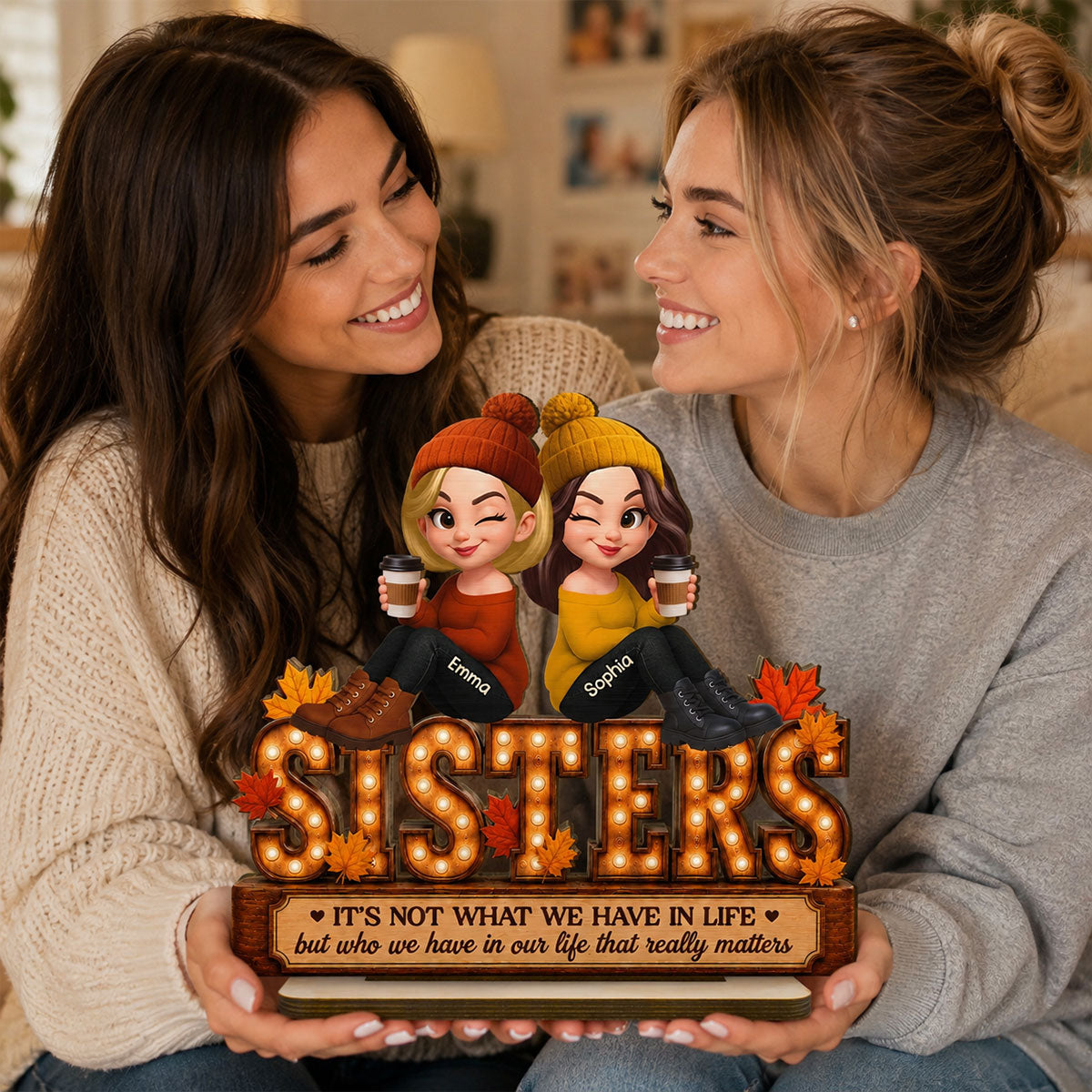 Fall Season Besties Sister Marquee 2D Flat - Personalized Wooden Plaque