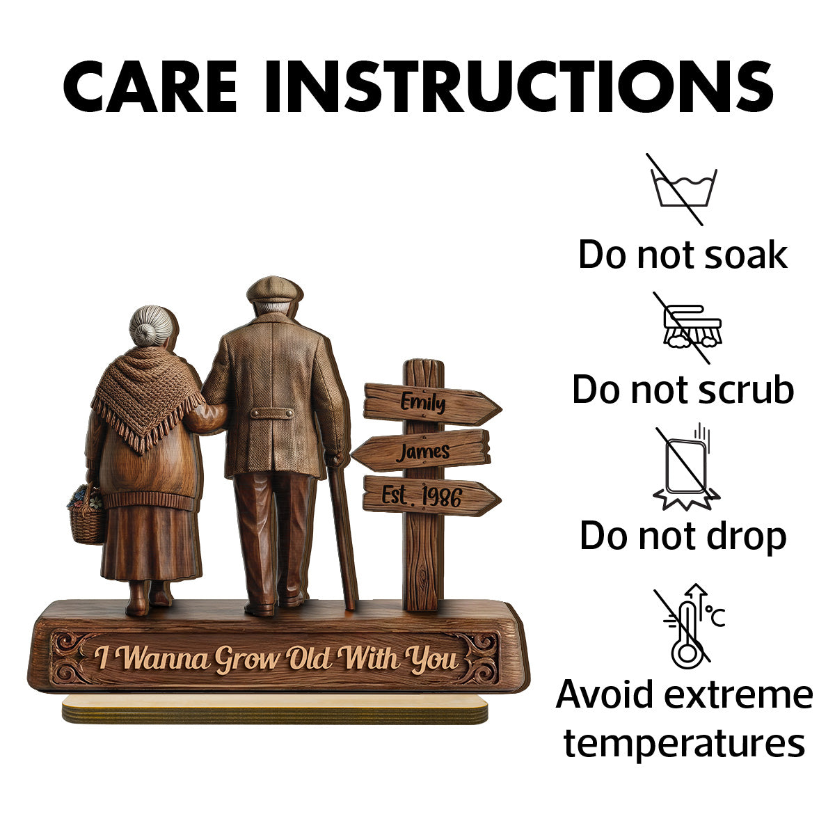 Old Couple Walking Side By Side Sign Post 2D Flat - Personalized 2-Layered Wooden Plaque