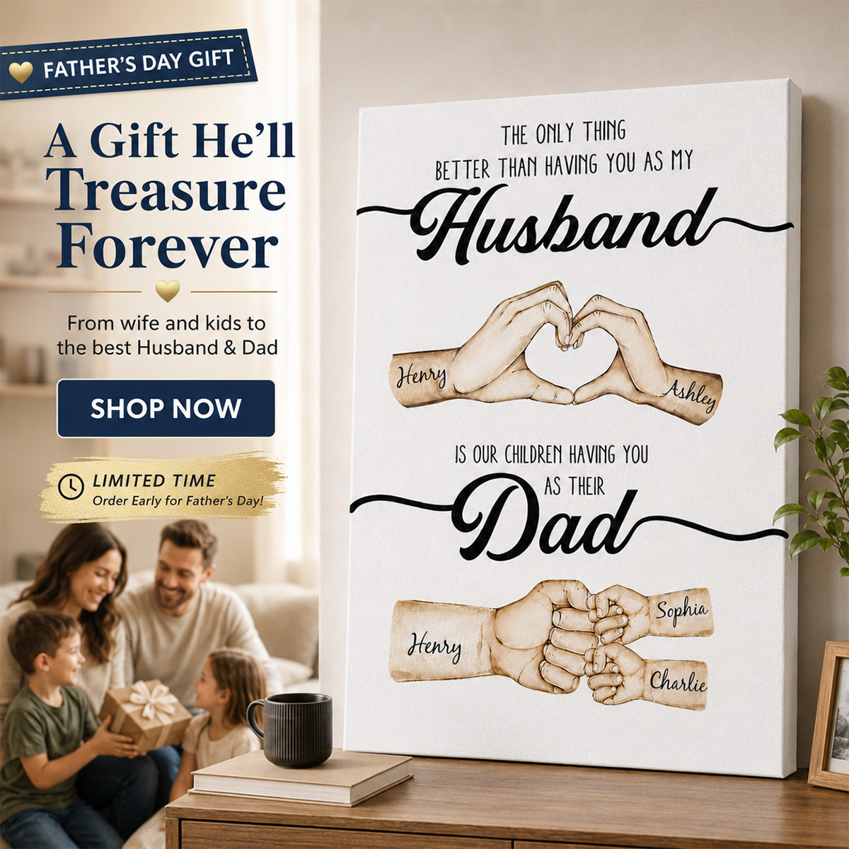 The Only Thing Better Husband Dad Hands - Personalized Canvas - Gift For Dad, Gift For Husband, Gift For Grandpa