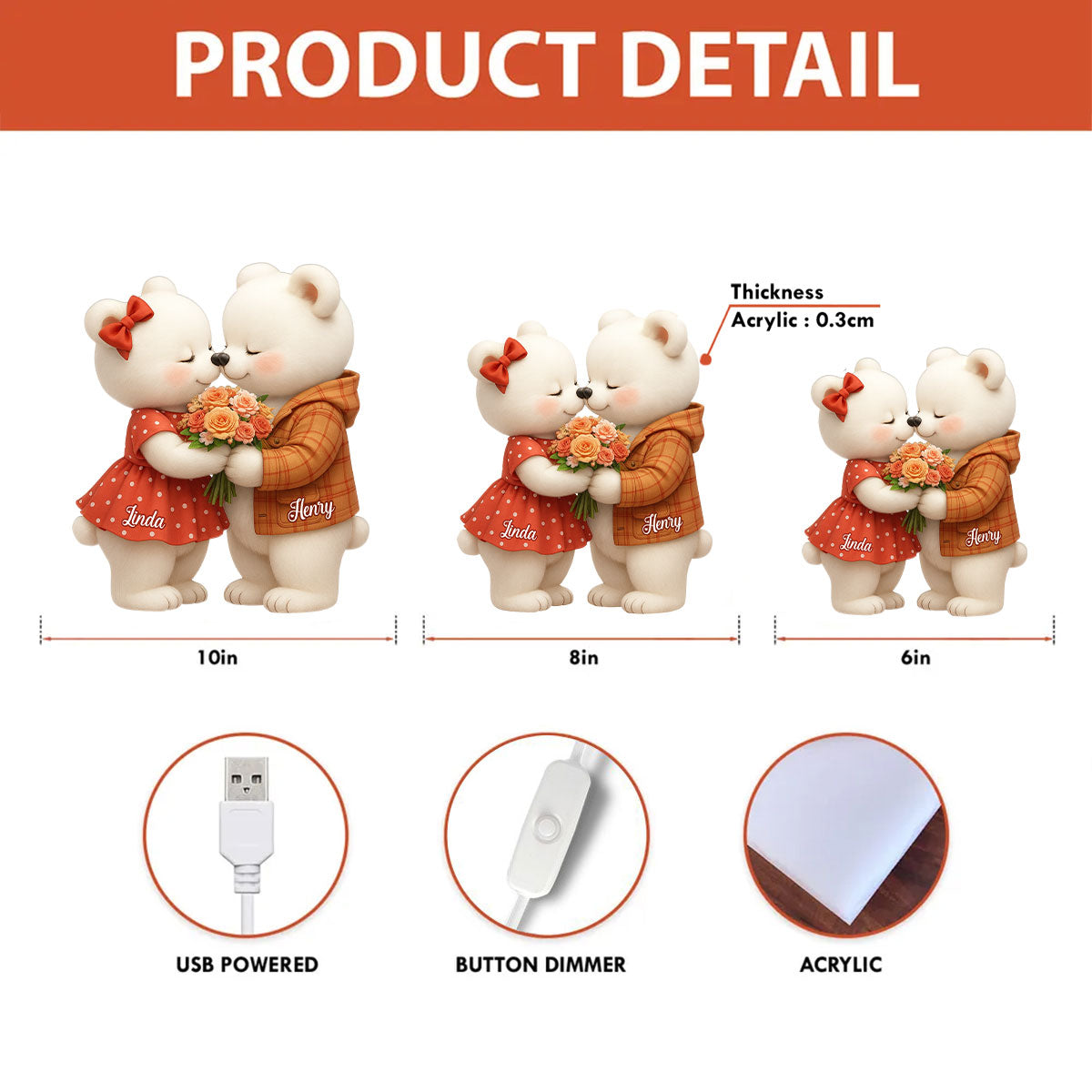 Loving Kissing Bear Couple - Personalized Light Box - Sentimental Gift for him, for her