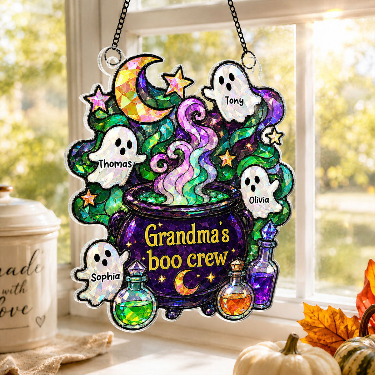 Mysterical Grandma's Boo Crew Cauldron - Personalized Window Hanging - Halloween Decoration For Grandma