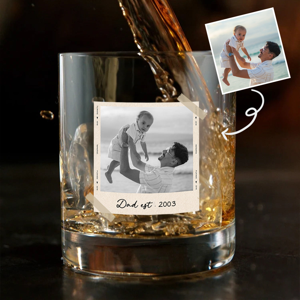 Custom Photo Dad Est - Personalized Whiskey Glass - Father's Day Gift for Dad, Husband