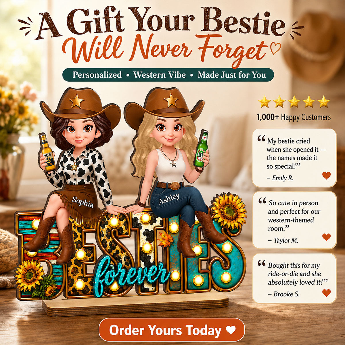 Western Besties Leopard Checkered - Personalized 2-Layered Wooden Plaque - Gift for Best Friends