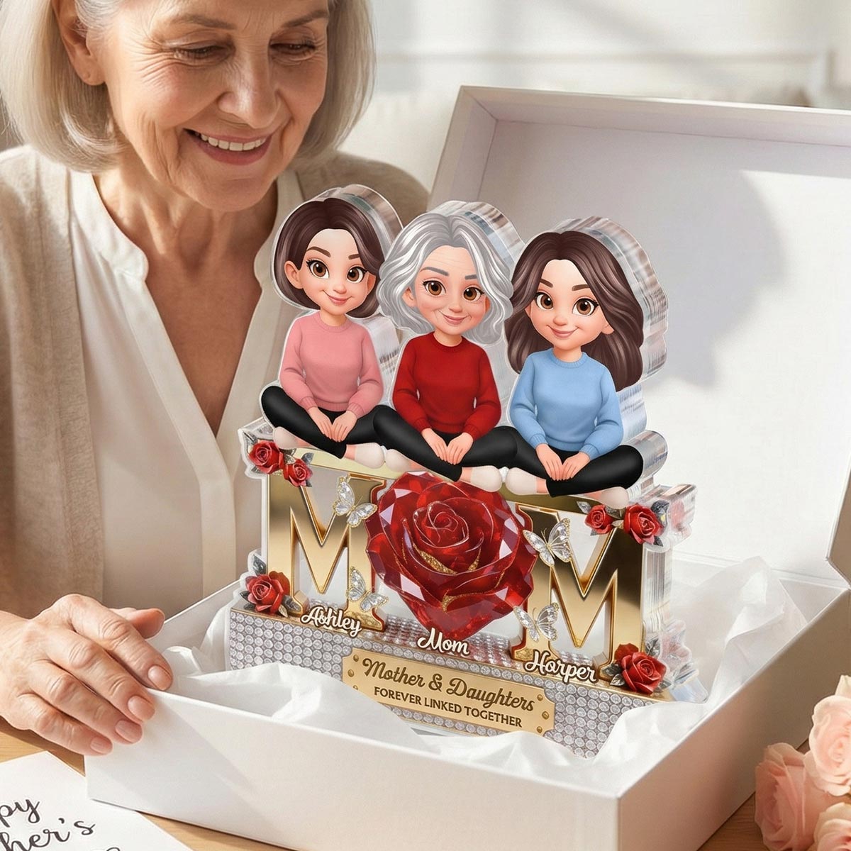 Beautiful Roses MOM And Daughters Sons - Personalized Acrylic Block Plaque - Gift For Mom