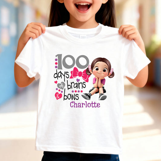 100 Days Brains & Bows Cute Little Girl - Personalized Kid T-Shirt - 100 Days Of School For Daughter, Granddaughter