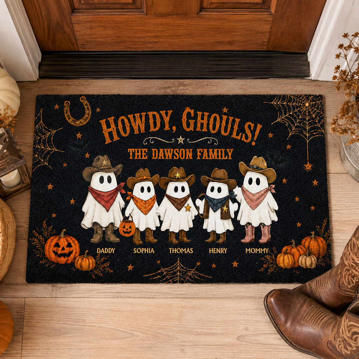 Boo Y'all Cowboy Ghost Family - Personalized Doormat - Western Country Vibe Halloween Decor For Families