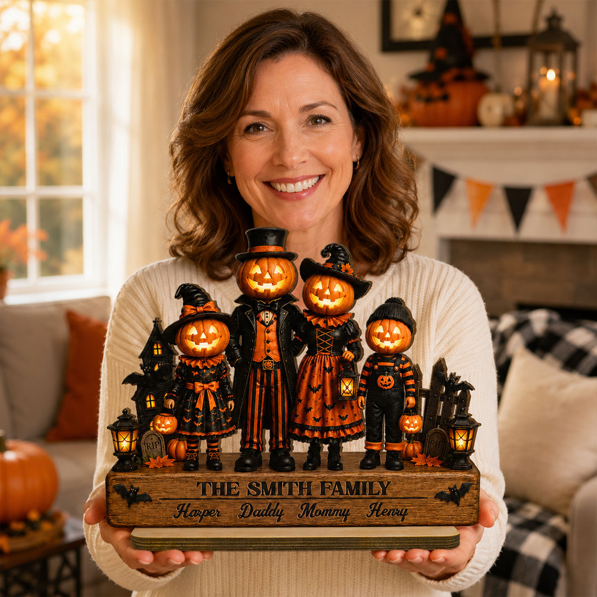 Halloween Jack-o'-lantern Family 2D Flat - Personalized Wooden Plaque