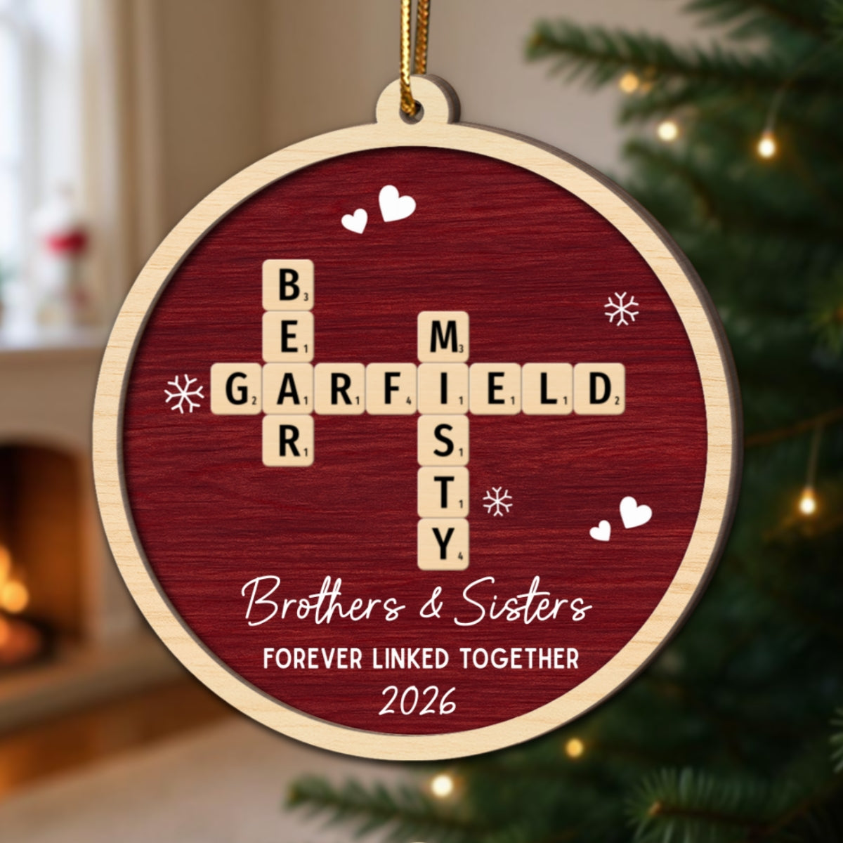 Siblings Forever Linked Together Crossword Puzzle Art - Personalized 2-Layer Wooden Ornament